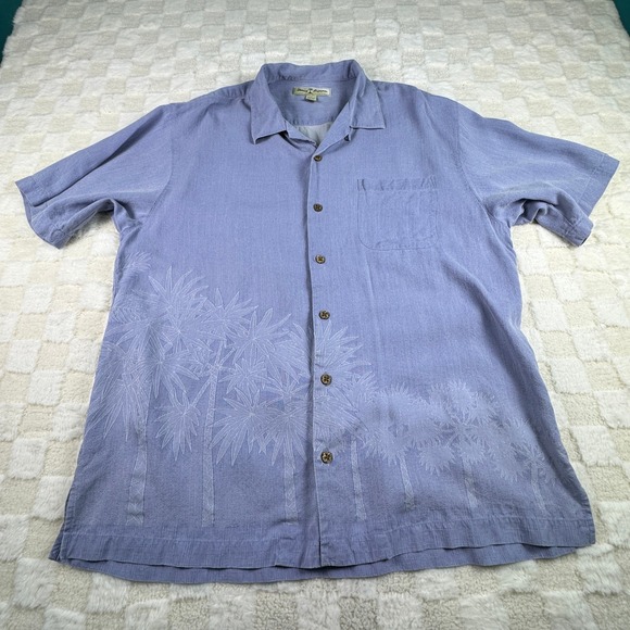 Tommy Bahama Silk Button Down Shirt Men's L Blue Palm Tree Tropical - Picture 12 of 14